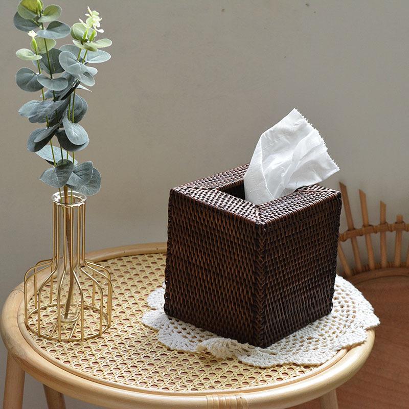 Vintage Rattan Tissue Box Square Creative Handmade Rattan Weaving Paper Box Living Room Desktop Decoration Hotel Room Ornaments