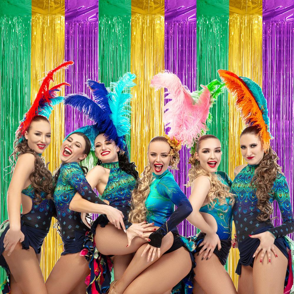 Gold Enchanting Green Purple Rain Curtain For Stunning Mardi Gras Setup Event