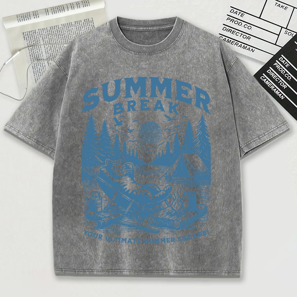 Summer Break Prints Washed T-Shirt Men Summer Loose Cool O-Neck Tee Breathable Sport Soft Cotton Short Sleeve
