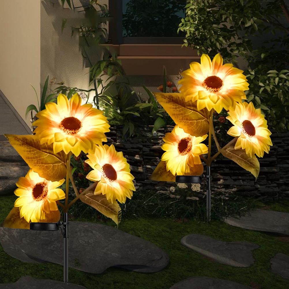 Outdoor Solar Sunflower Lights Solar Powered Sunflower Lights with 3 Sunflower Heads LED Solar Lights for Patio Lawn