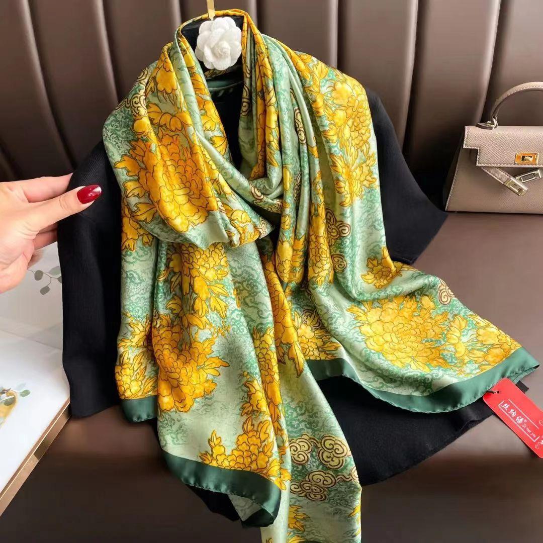 

Fashion Printed Feather Shawl Imitation Silk Satin Scarf Women Lightweight Scarves Beach Travel Outdoor Sunscreen Hijab 180*90Cm