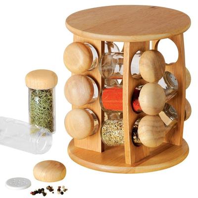 Spice Rack with Containers, Wooden, Rotating, 13 Pieces.