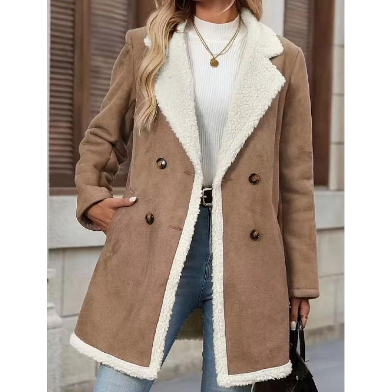 Womens Suede Fleece-Lined Casual Coat Mid-Length