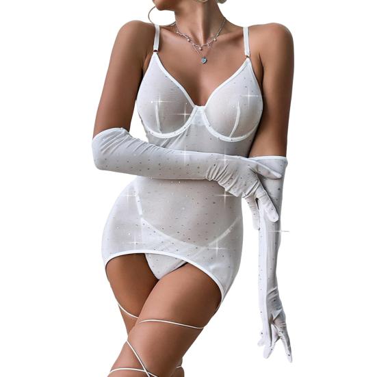 Sexy Mesh Mini Bodycon Dress for Women Sparkly Glitter Sequins Sheer See Through Cami Dress with Thong And Long Gloves