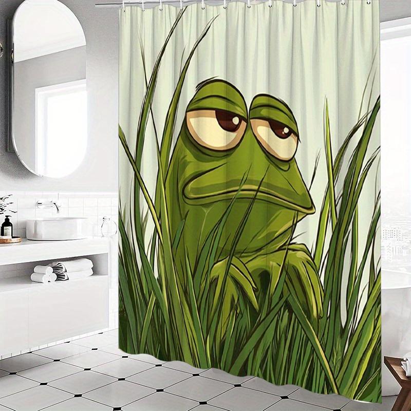 1 Stück Verspielter Grüner Frosch Duschvorhang Mit Halbgeschlossenen Augen & Hohem Gras Design - Lustige Badezimmerdeko, Polyester, Enthält