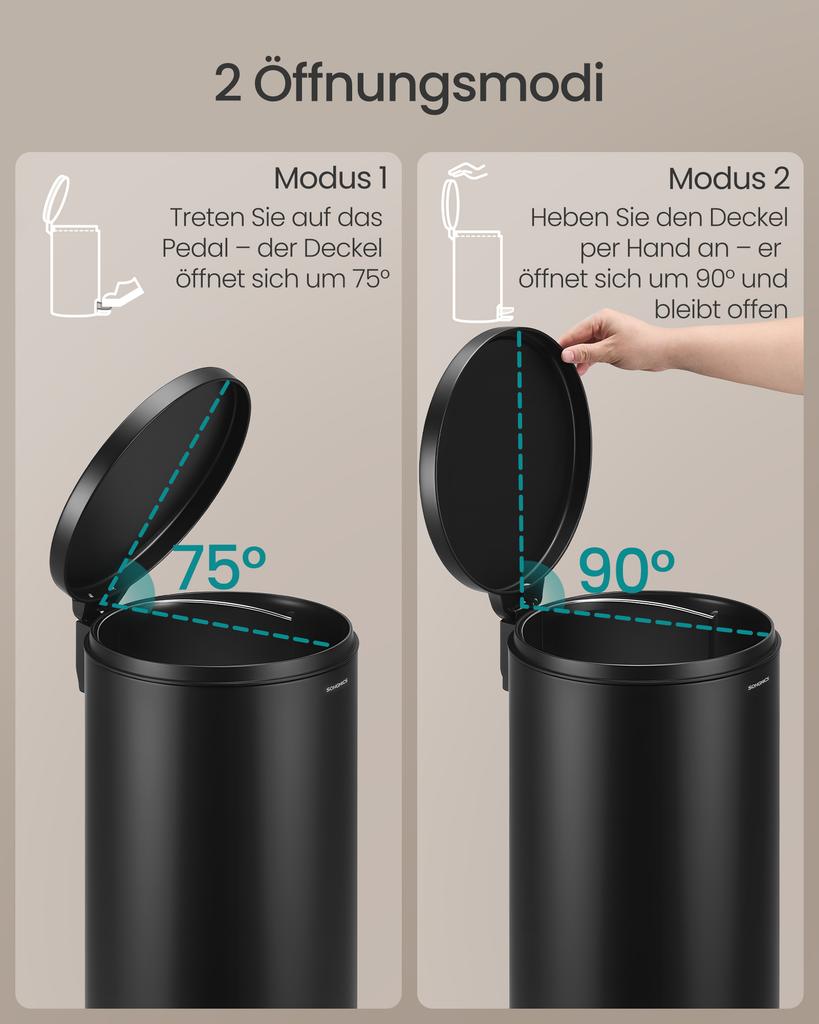 SONGMICS 30L Round Trash Can with 15 Trash Bags, Metal Pedal, Removable Plastic Bucket, Handle, Soft-Close Lid, Steel, Ink Black