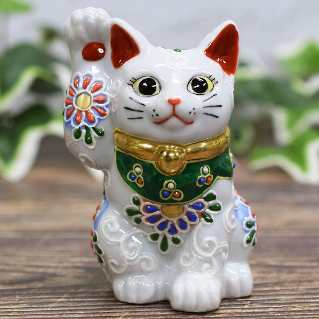 Cute Kutani Ware Figurine from Waza no A figurine in Feng Shui A perfect gift for store and 88th Maneki-neko Kura. lucky, right-handed maneki-neko