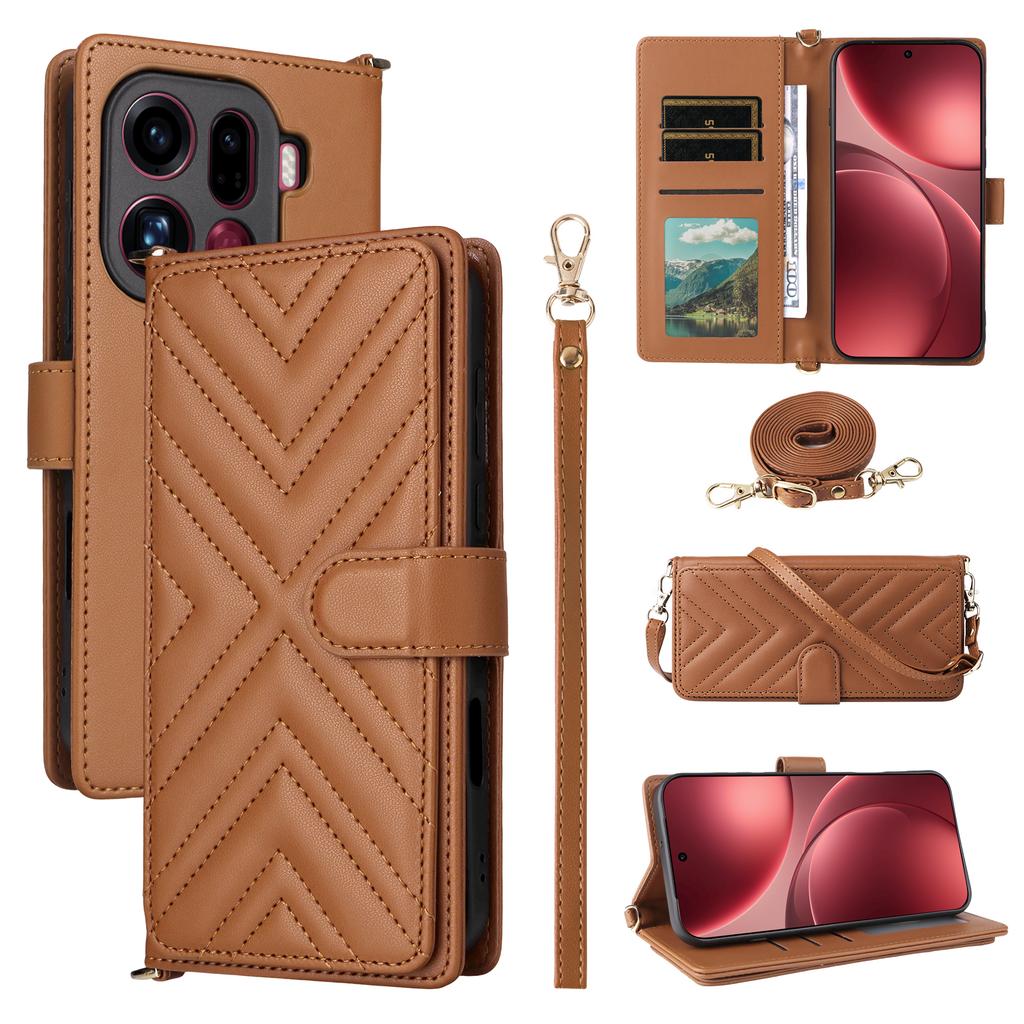 For Oppo Find X9 Pro 5G Leather Case Stand Wallet Phone Cover with Shoulder/Wrist Strap