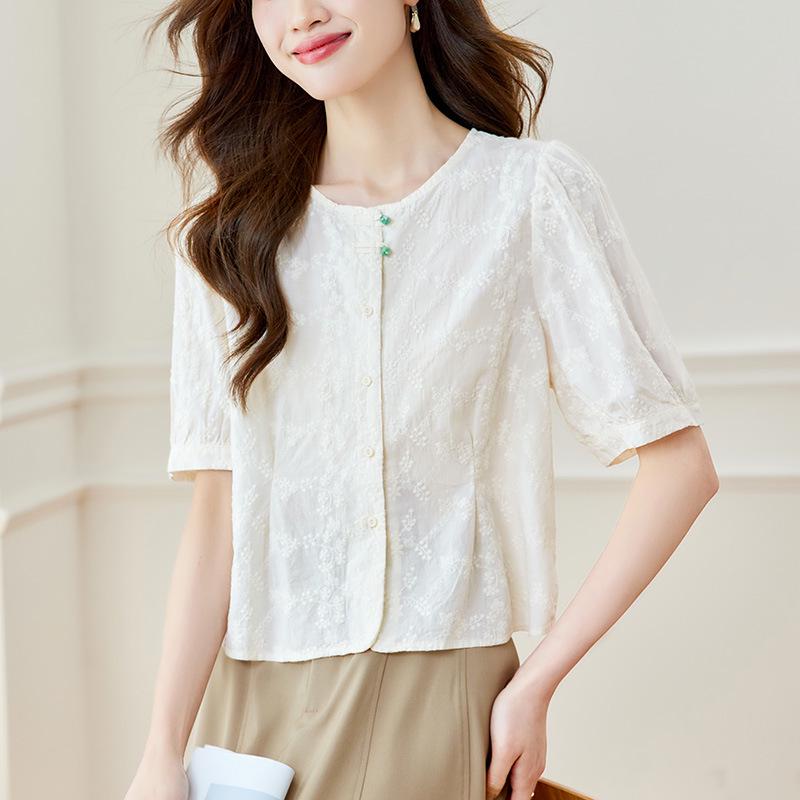 Women s Summer Embroidered Frog Button Cotton Shirt - New Chinese Style 2026 L абрикосовый