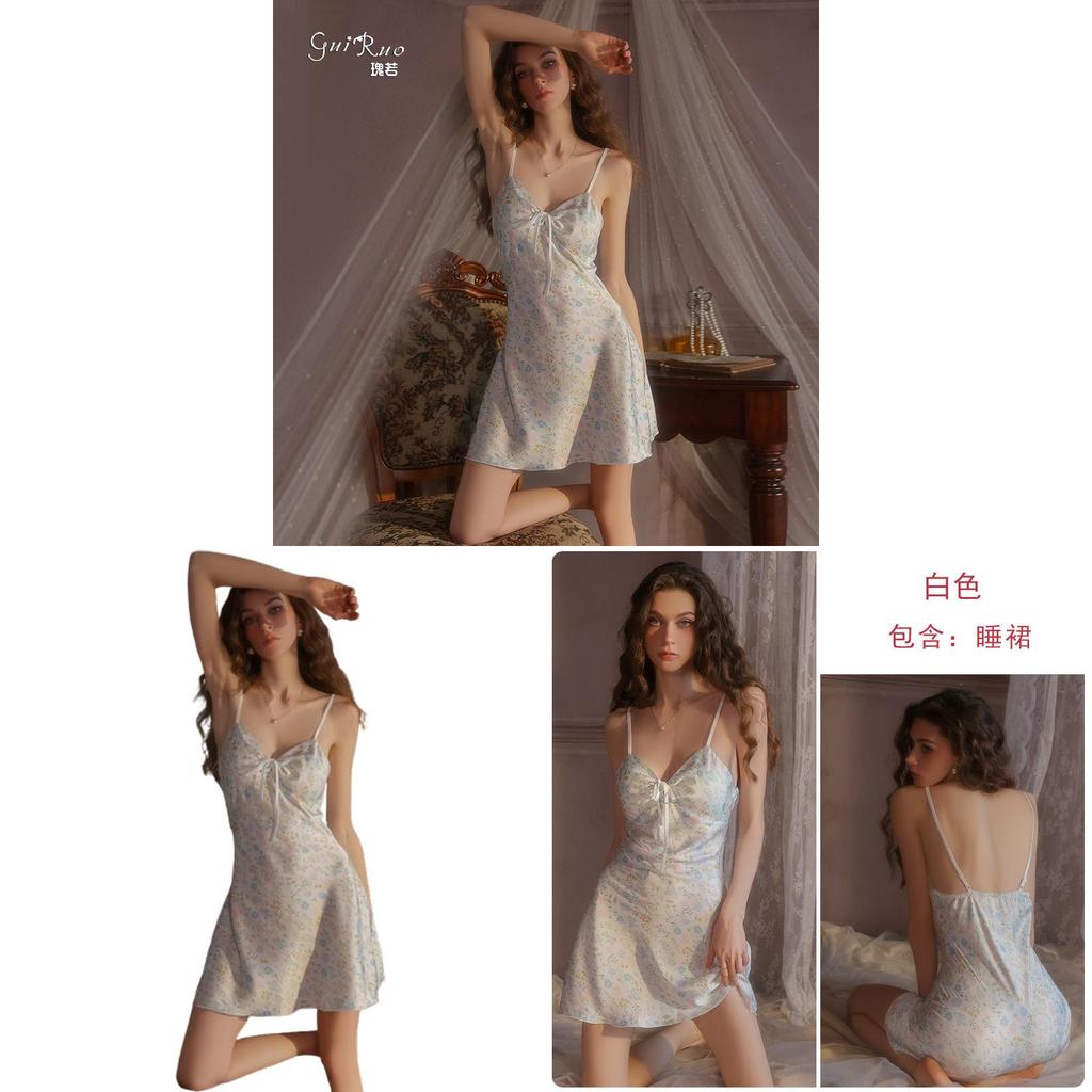 Floral Ice Silk Lingerie Deep V Padded Nightgown For Women Home Sleepwear