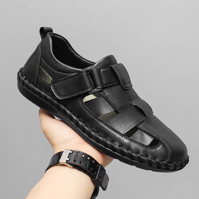 

Новые кожаные летние мокасины, дышащие мужские сандалии, прочные, сшитые вручную, пляжные туфли на плоской подошве, нескользящие, мужские сандалии для отдыха на открытом воздухе 46 чёрный