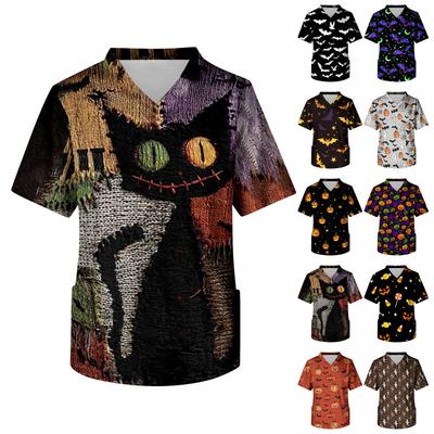 Men's V Neck Halloween Print Medical Scrub Top with Chest Pocket Short Sleeve Work Shirt for Healthcare Professionals