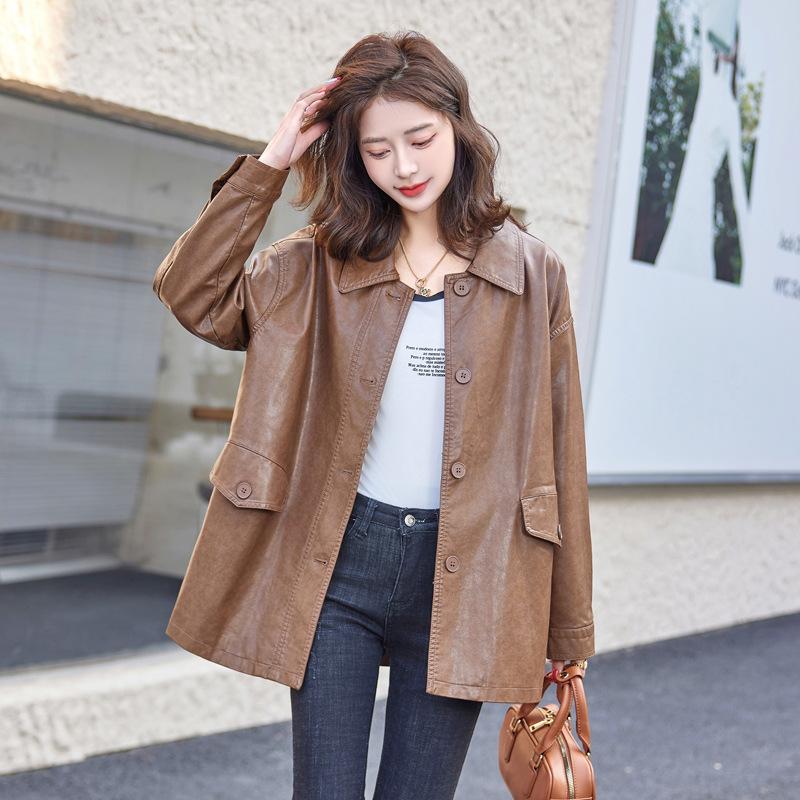 

Женская кожаная куртка средней длины, новая весенне-осенняя, свободного кроя, большого размера, повседневная кожаная куртка-косуха, топ L