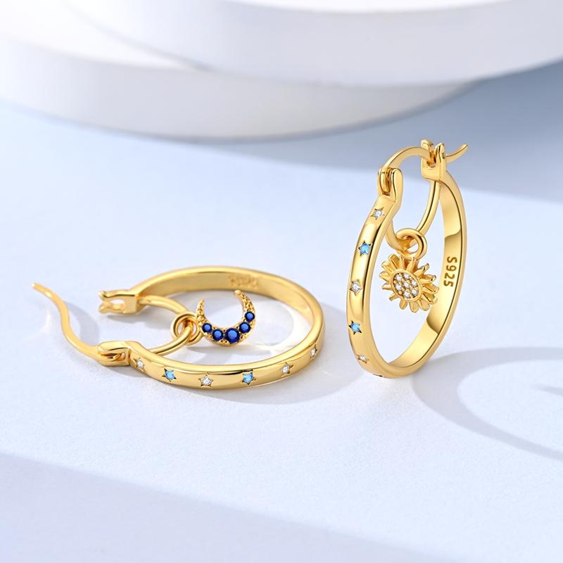 925 Sterling Silver Plated Asymmetrical Sun & Moon Hoop Earrings Minimalist Drop Earrings for Women Valentine's Day Jewelry Gift