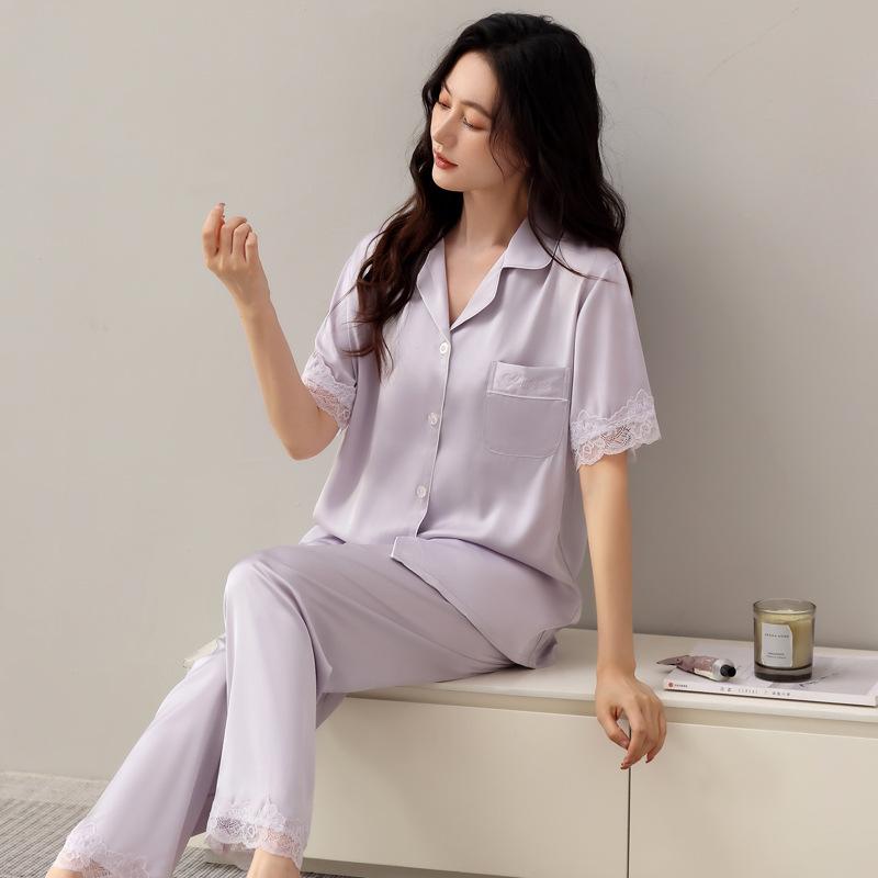 Pajamas women's short-sleeved trousers summer ice silk thin pajamas loose and comfortable high-end cardigan loungewear set