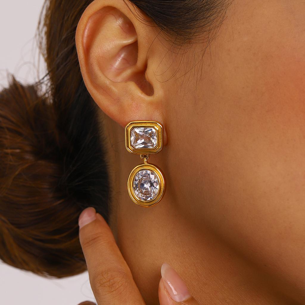 Youthway Vintage Luxury Stainless Steel Geometric White Green Rhinestone Drop Earrings For Women Anti Allergic Jewelry Set