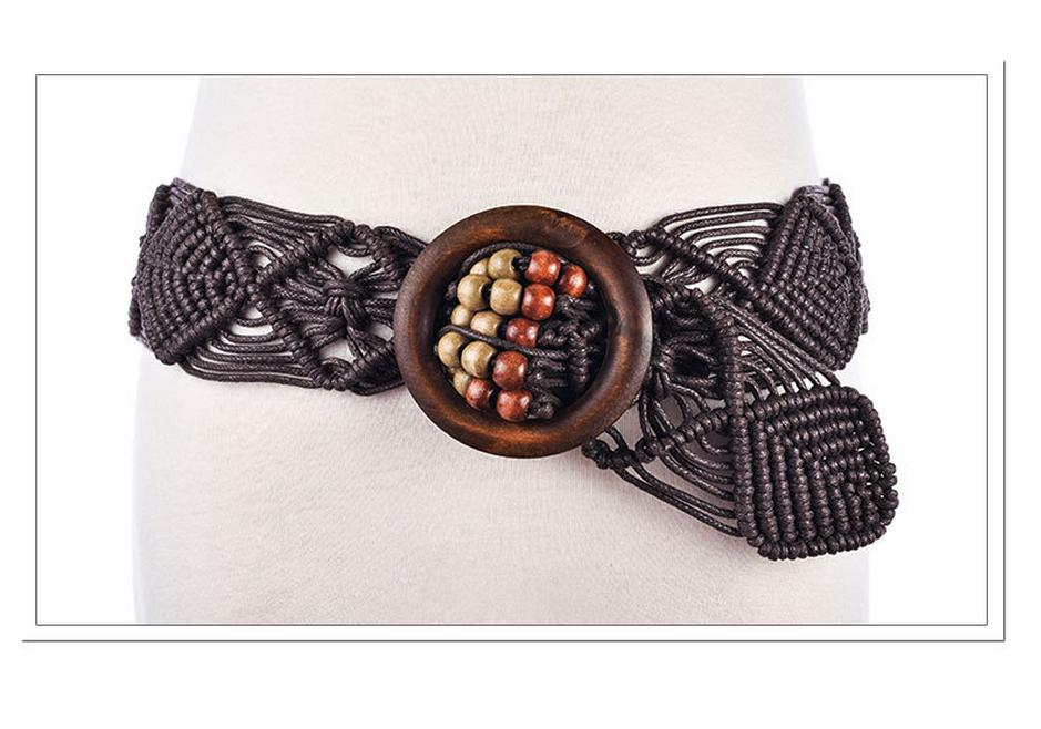 Ethnic Handmade Wax Rope Belt with Wood Buckle and Beads