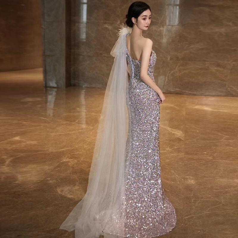 New toasting clothes haute couture light luxury evening dress female feeling single shoulder fishtail sequins formal settings host skirt