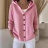 Women's V-Neck Knit Cardigan with Hood and Brown Buttons, Cozy Casual Sweater