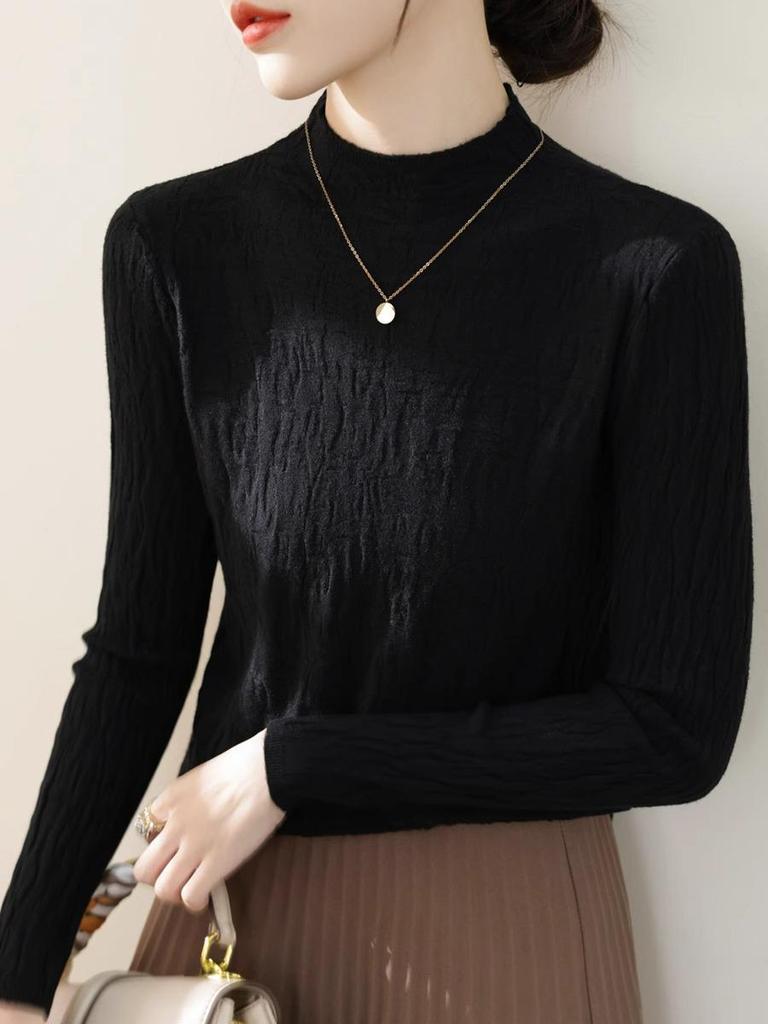 Women's High-Quality Textured Winter Sweater with Half-High Collar and Long Sleeves