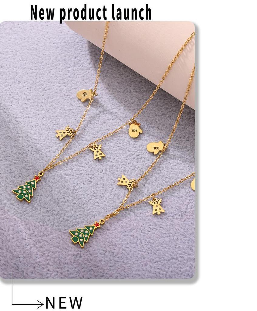 Milly Christmas Green Enamel Zircon Pendant Necklace with Tree, Gloves & Reindeer - Romantic Gift for Women