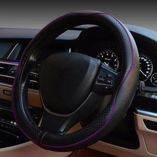 Universal Car Steering Wheel Cover, Anti-Slip Leather Steering Black with Purple