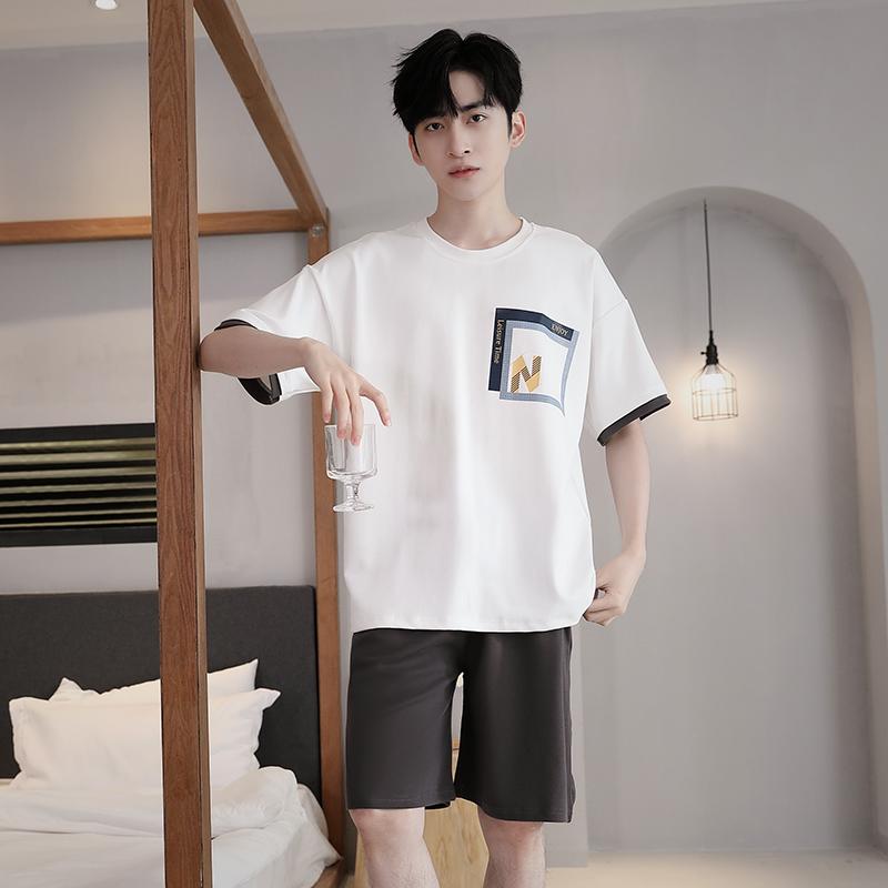 Men's Pajamas Set Letter Print Short-Sleeve Tops and Shorts Sleepwear Loungewear Students Two-Piece Youth Boy Nightwear Y2k Homewear Male