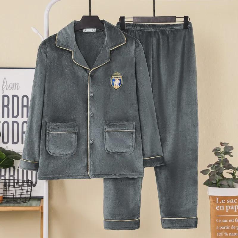 Flanell-Pyjama-Set für Herren: Langärmliger Revers-Cardigan und Hose, Übergröße, Herbst/Winter.