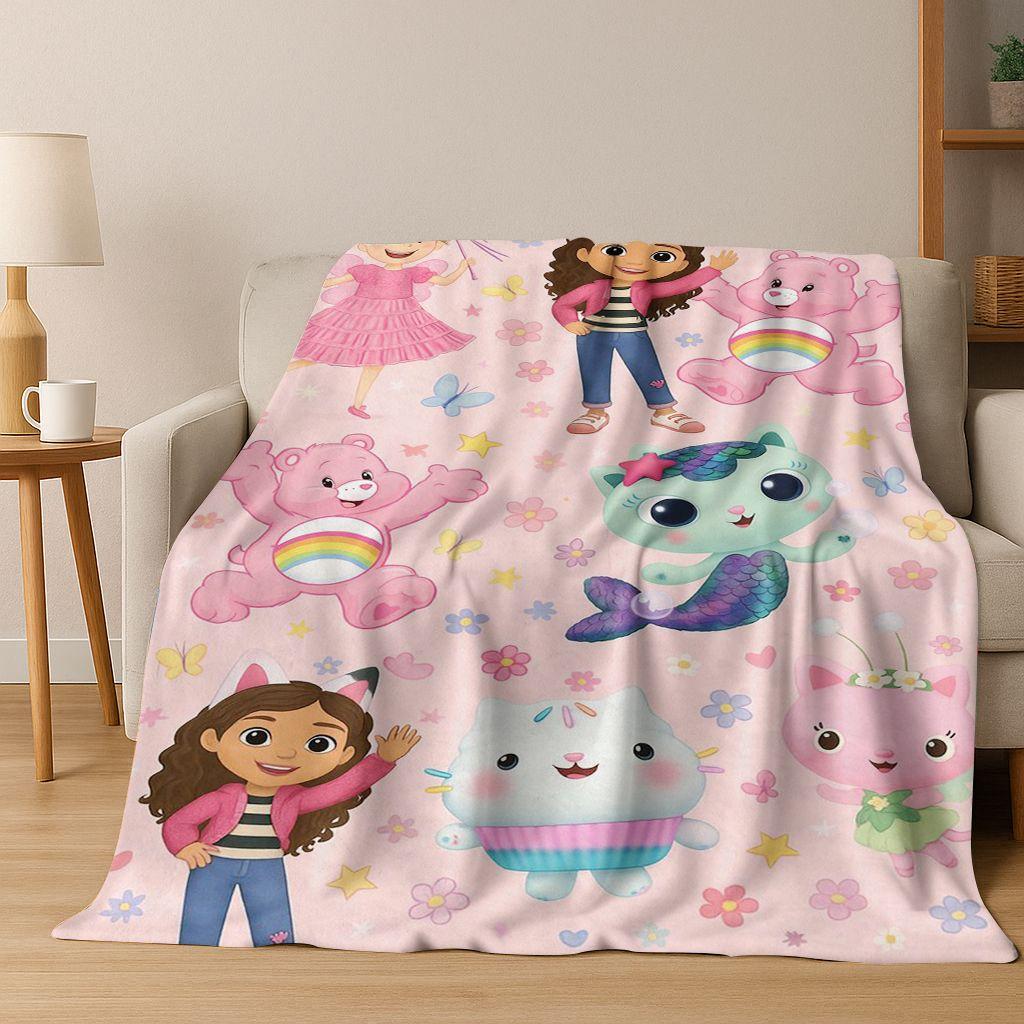 Cute Gabbys Dollhouse Cartoon Girl Kids Flannel Blanket Soft Warm Throw Blanket for Bed Bedroom Room Living Room Christmas Gift