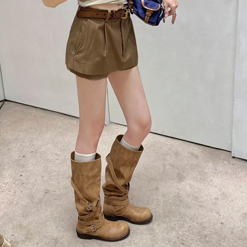 3.5Cm thick heel large tube circumference old belt buckle round head stack knight boots 2026 autumn new