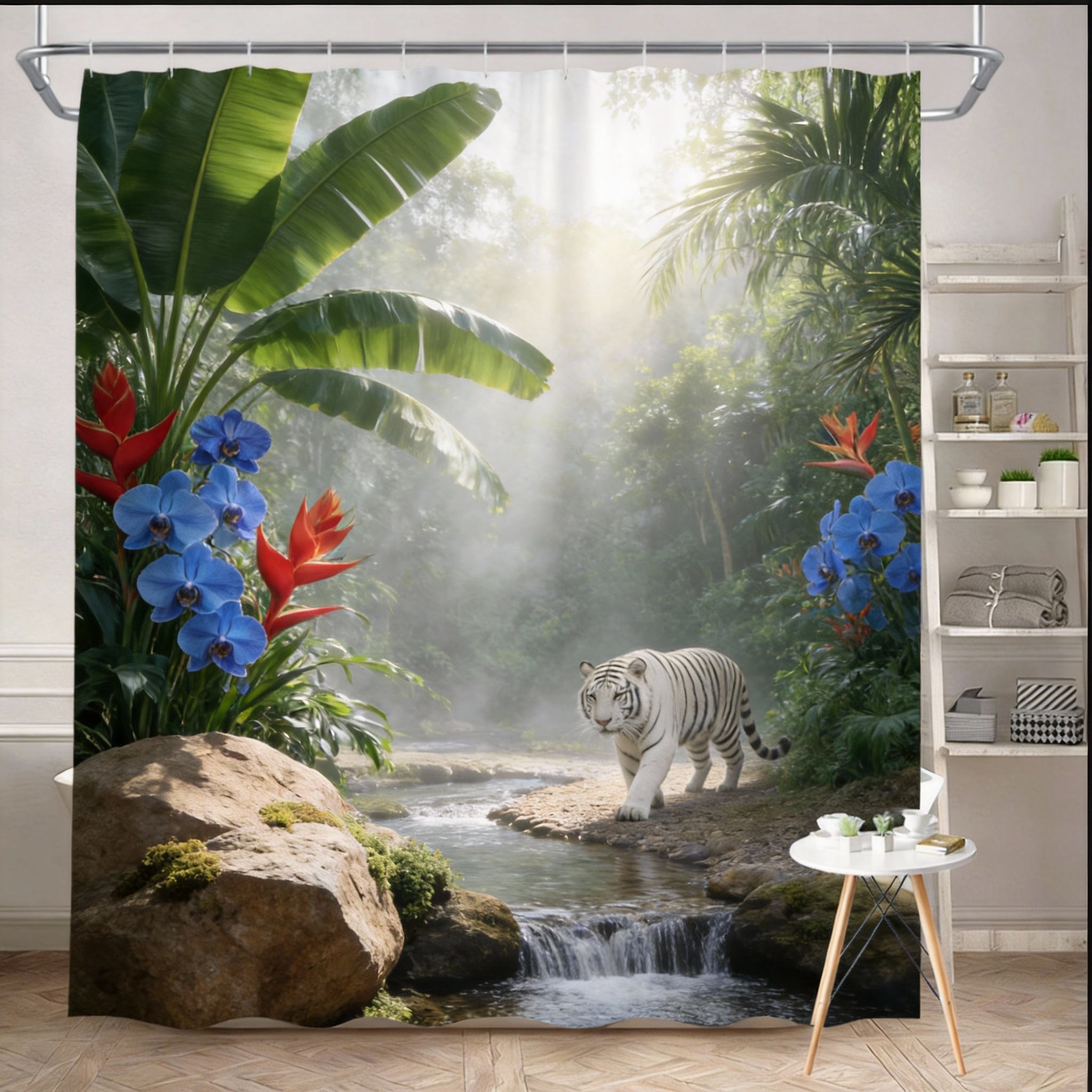 Textile Article Light Jungle Shower Curtain 180X180cm – Majestic Tiger & Orchids, Tropical Rainforest Scene, 12 Hooks Bath Decorative Shower Curtain