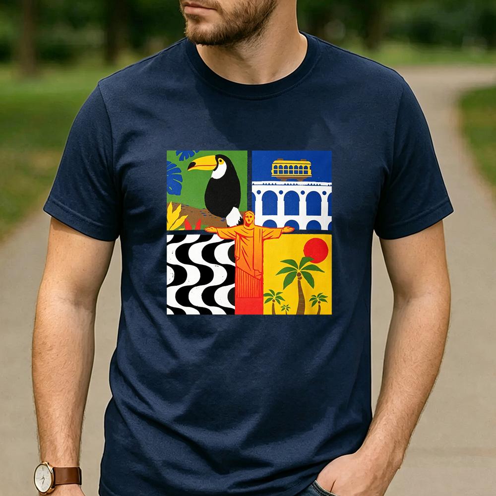 Rio de Janeiro Four Panel Pop Art Cotton T Shirt Brazil Toucan Christ the Redeemer Beach Graphic Unisex Unisex Unisex Streetwear Tee
