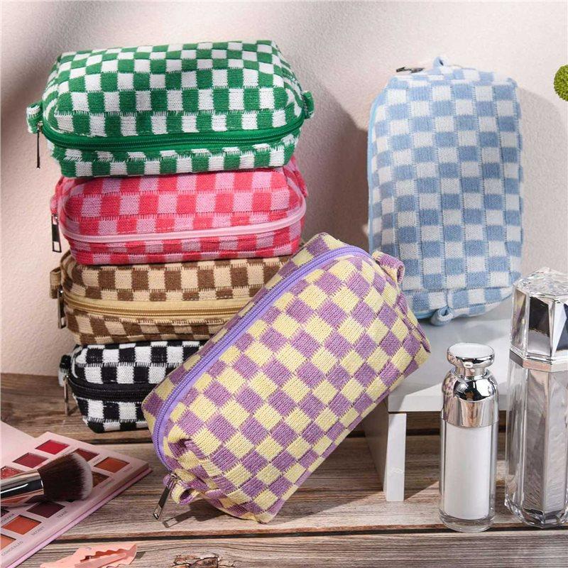 Premium-12 Pcs Checkered Makeup Bag Cosmetic Bag Bulk Makeup Pouch Personalize Travel Toiletry Bag Organizer Cute Makeup Brushes