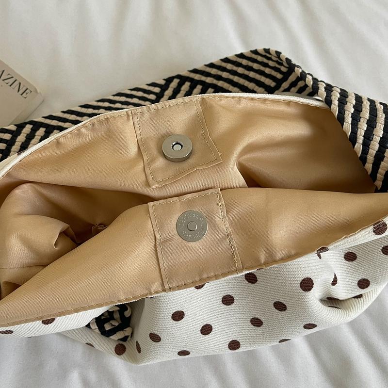 Polka Dot Corduroy Shoulder Bag Casual Hobo Tote with Striped Strap Large Capacity Handbag