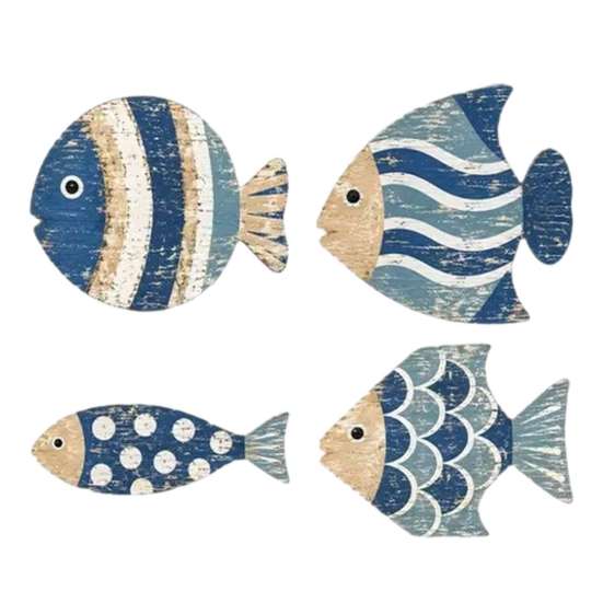 Ocean Themed Bathroom Decorations 4Pcs/Set Wooden Fish Wall Decor, Coastal Style Art, Distressed Handcrafted Art Rustic Blue Ornaments for Beach House