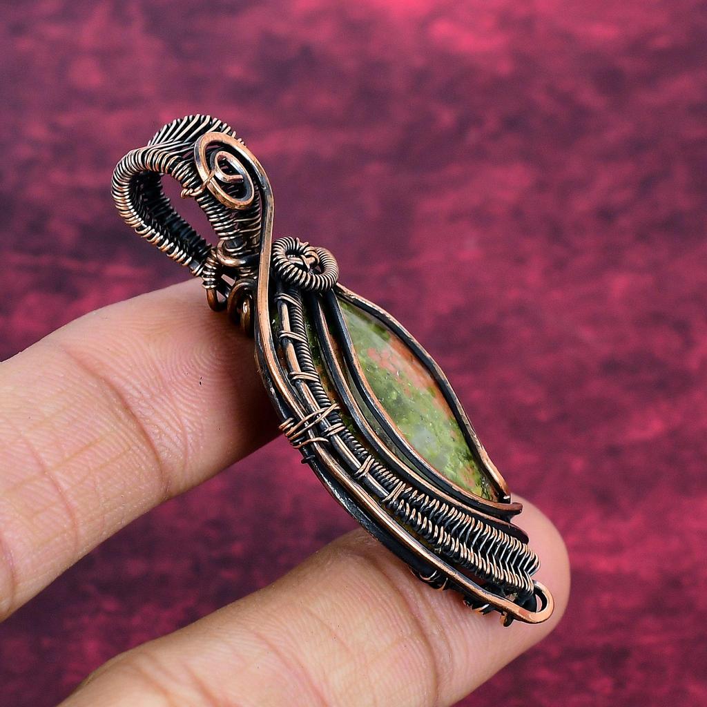 Unakite Gemstone Pendant Copper Wire Wrapped Handmade Pendant Designer Jewelry