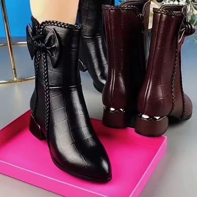 Shoes for Women Fashion Boots Winter Pointed Toe Mid-Calf Boots Plush Warm Bowknot Zipper Boots Women High Heel Motorcycle Boot