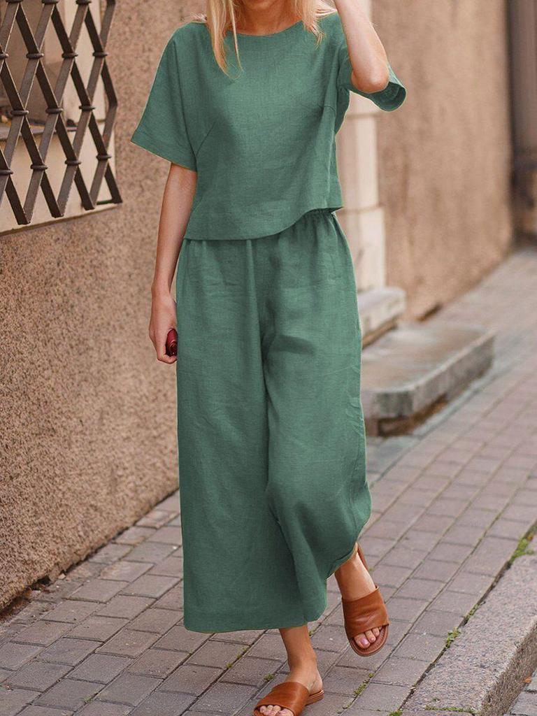2025 Blue Plus Size Women's Short-Sleeved Two-Piece Casual Fashion Suit - European & Southeast Asian Style