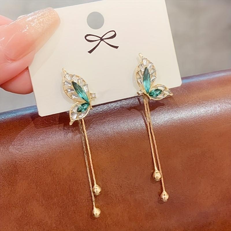2 Pcs Luxury Green Butterfly Tassel Dangle Earrings  - Pendant, Fashionable, Versatile Party Jewelry Accessories, Elegant Design and Shiny Details