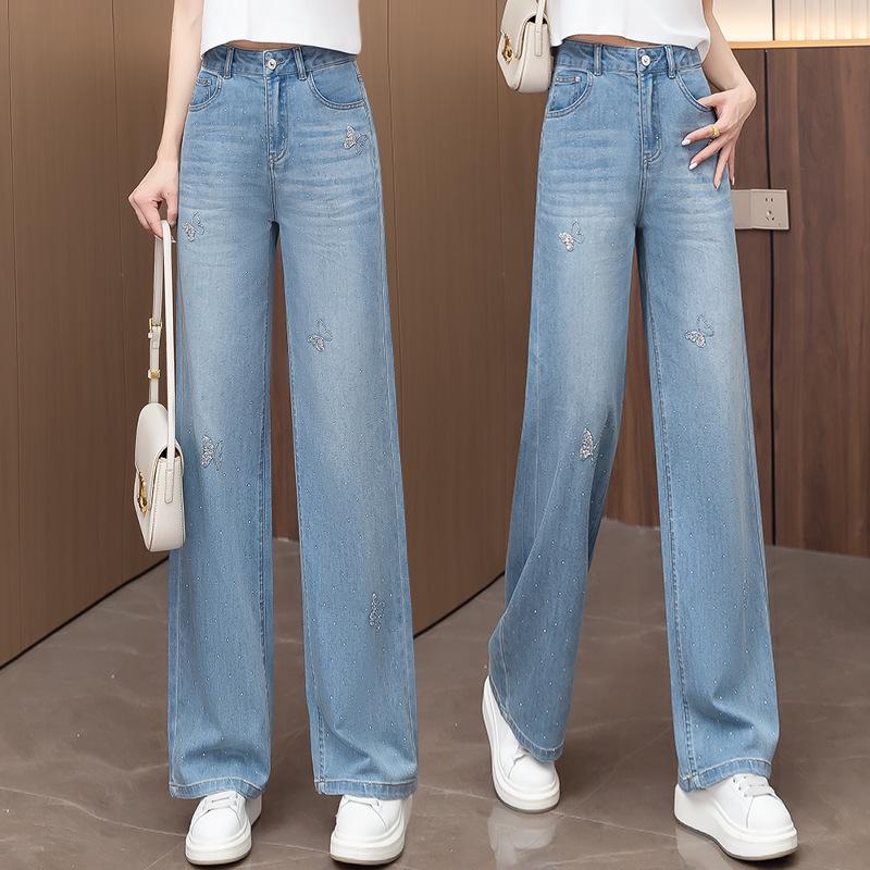 Women's Tencel Wide-Leg High-Waisted Jeans, Slimming Drape with Embroidery, Plus Size, Casual Straight Leg Pants for Spring/Summer 2026