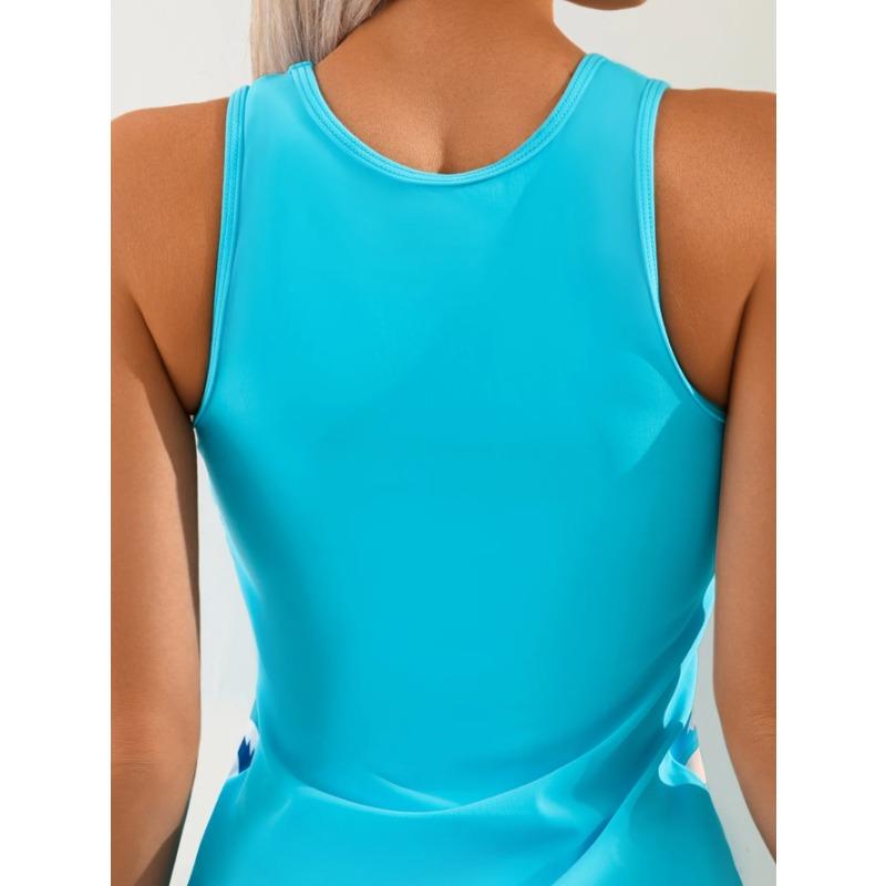 New 2025 Women's Blue Tankini Swimsuit Conservative High Waist Swim Shorts Floral Print Skirt Cover Up Modest Two-Piece Swimwear