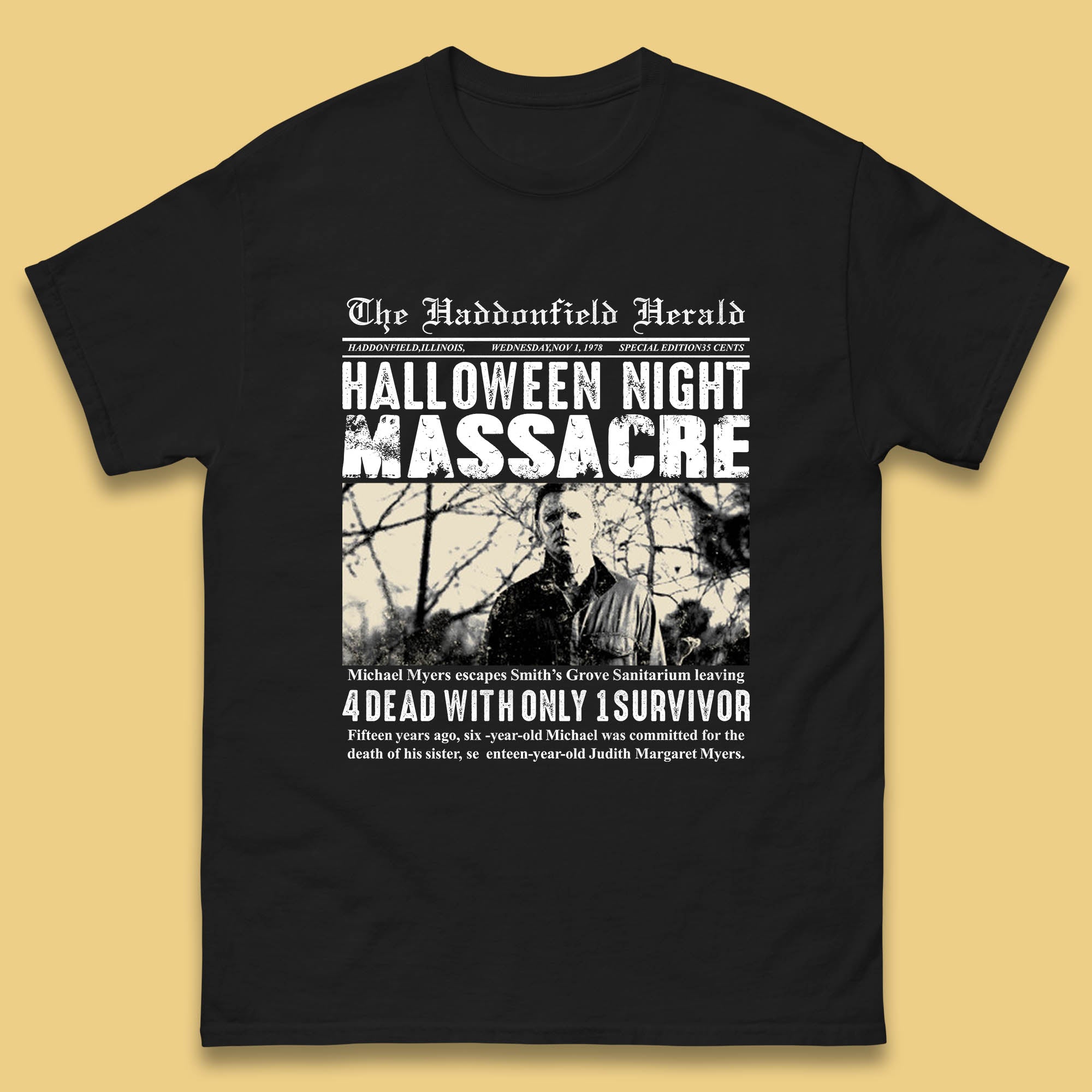 Vintage Halloween Night Massacre 1978 Halloween Newspaper Horror Michael Myers Mens Tee Top L