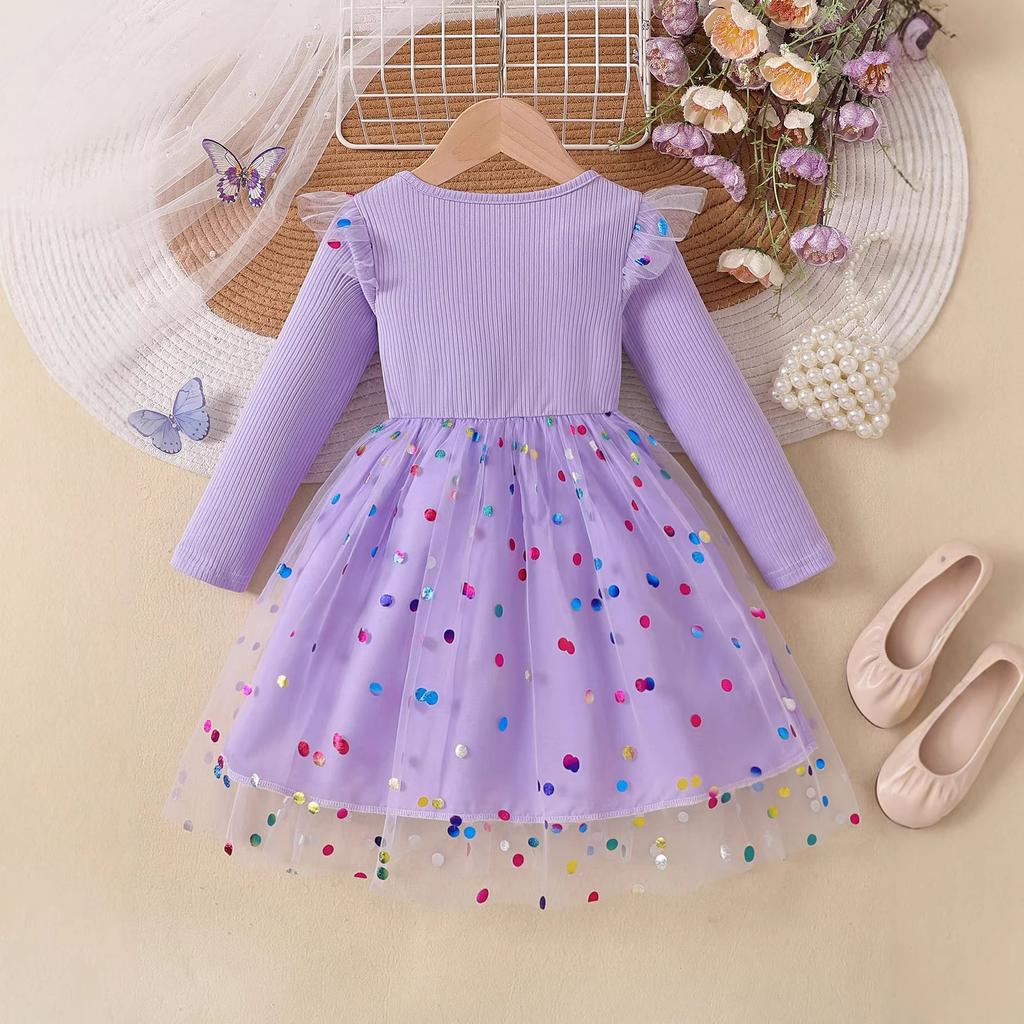 Sweet Girls' Dress Spring/Fall Children's Fashion Long-Sleeve Sequin Mesh Dress