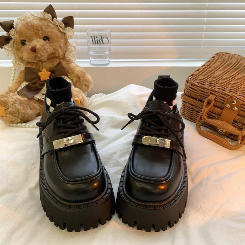 Autumn Platform Small Leather Shoes Women's New Thick Heel Heightened Black Lace-up Cotton Shoes
