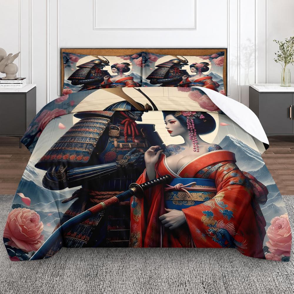 Japanese Samurai and Geisha Duvet Cover Set 3 Piece Ukiyo-e Art Peony Bedding Set Katana Kimono for Adults Bedroom Decor