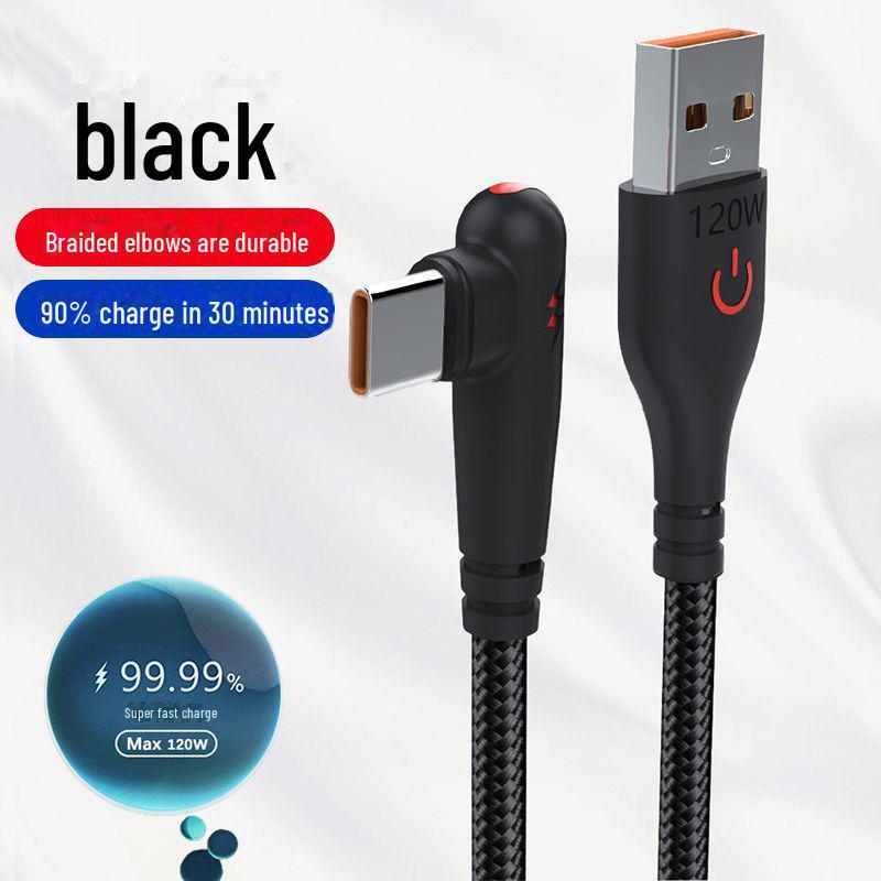

120 Вт плетеный кабель Type-C Elbow Data Cable для игр и быстрой зарядки мобильных устройств Huawei, Honor и Apple 0.25m Type-C