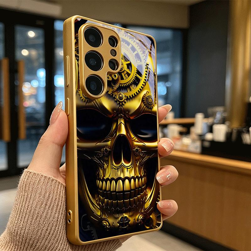 Clock Gear Skull Electroplated Golden Phone Case For Samsung Galaxy S25 S24 S26 S23 S22 S21 S20 Ultra Plus FE S26+ Glass Cover