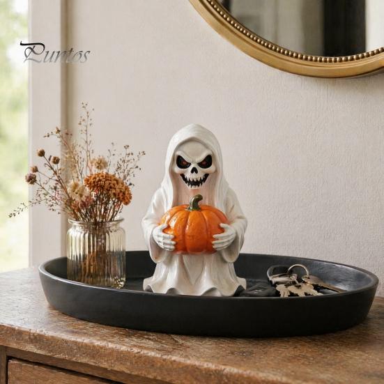 Durable Resin Halloween Ornament White Ghost Pumpkin Statue, Spooky Holding Mini Party Props for Countertops Figurine Garden Yard Tabletop Mantel Home