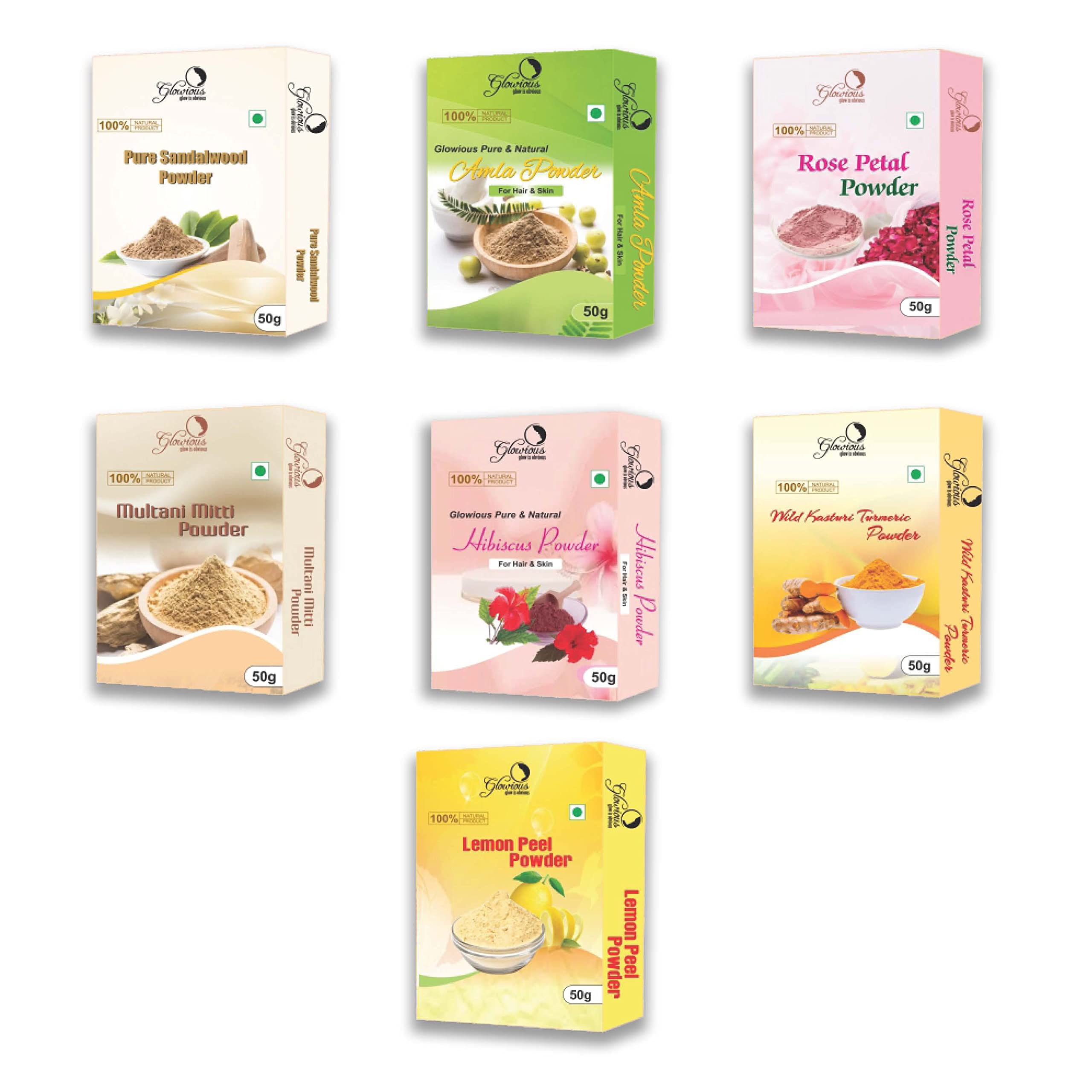 Glowious 7-in-1 Skin Care Combo Pack - Sandalwood, Rose Petal, Multani Mitti, Kasturi Turmeric, Lemon Peel, Amla & Hibiscus Powder (350g) for Rad