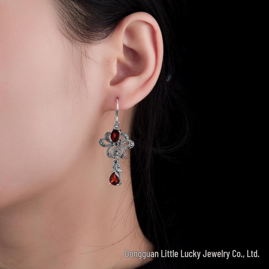 Cercei Atârnători Granat Roșu Stil Etnic, Argint Sterling s925, Bijuterii Versatile Europene și Americane